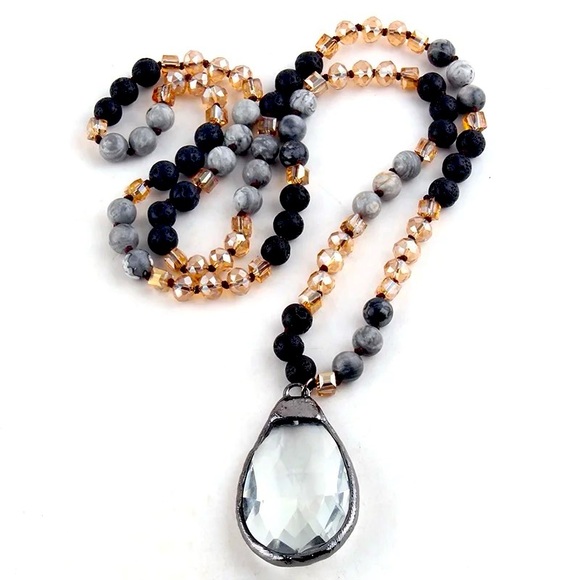 NWOT Bohemian style beaded necklace with crystal glass pendant - Picture 2 of 2